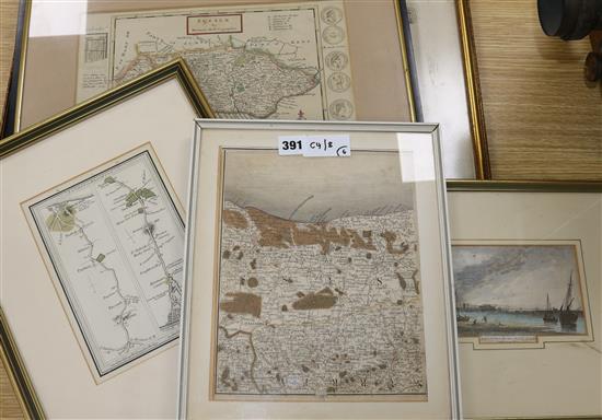 A group of Sussex/Brighton maps and prints including an Ogilby Road map and Herman Moll